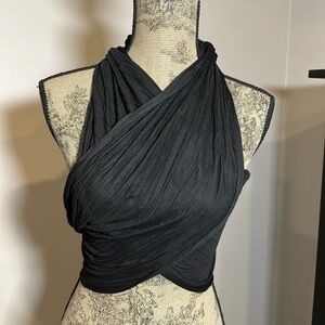 Vintage black crepe knit oversized scarf wrap shawl mini sarong halter 13x56”